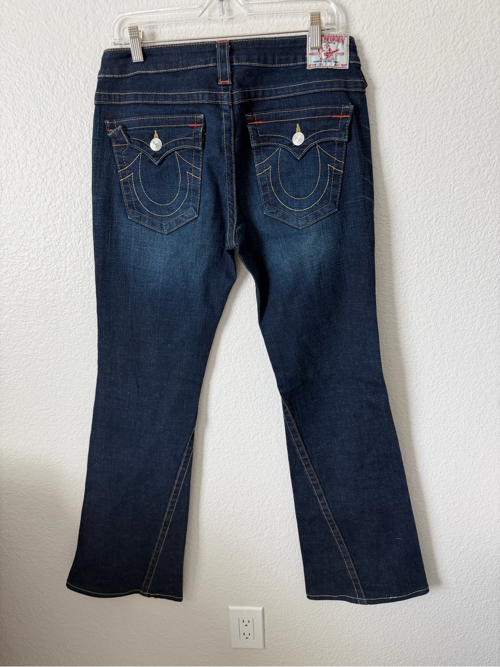 Retro True Religion Dark Blue Flare Jeans with Signature Back Pockets - Sz 32